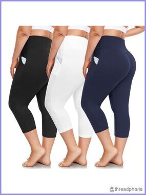 3 Pack Plus Size High Waist Capri Leggings with Pockets Workout Yoga Pants